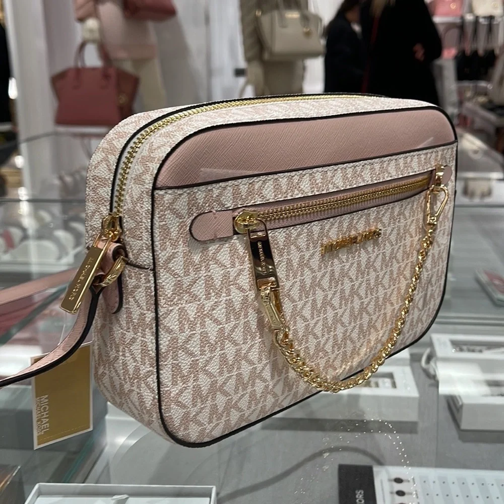 Michael Kors Jet Set Item Large East West Zip Chain Crossbody Optic White/Rsgld